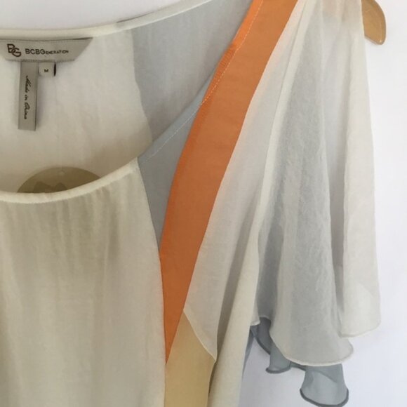 NWT BCBGeneration Colorblock Blouse S Split Sleeve Tie Accent Orange White Gray - Picture 5 of 12